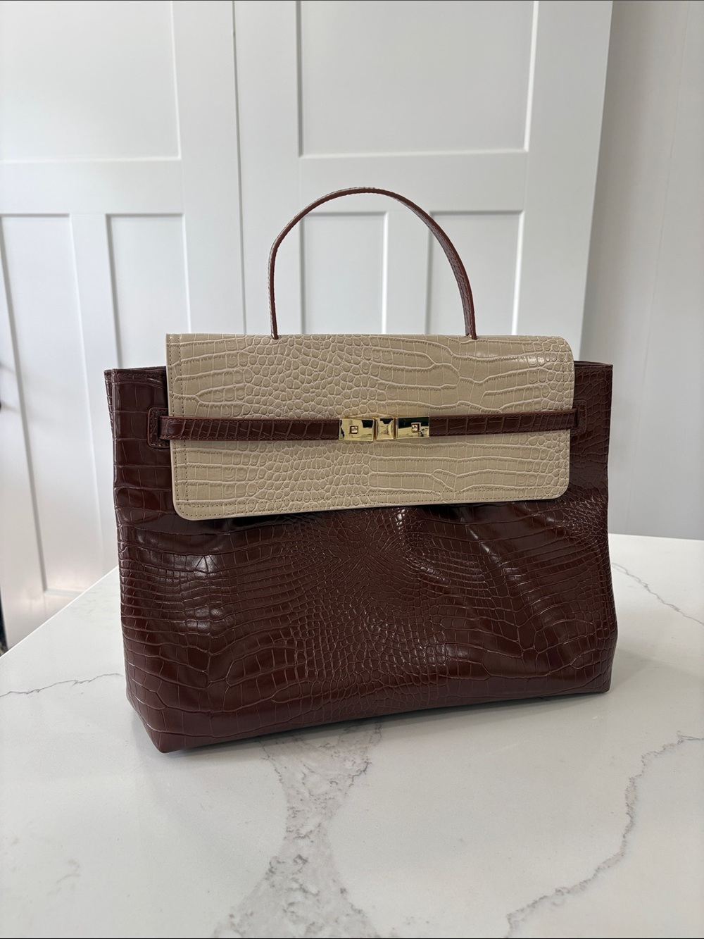 Ann Taylor Brown & Cream Croc-Embossed Gold Latch Satchel Handbag Purse Tote